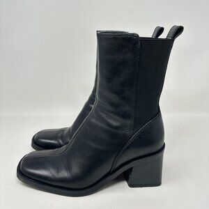 Zara Block Heel Squared Toe Black Leather Ankle Boots Booties Women's 36